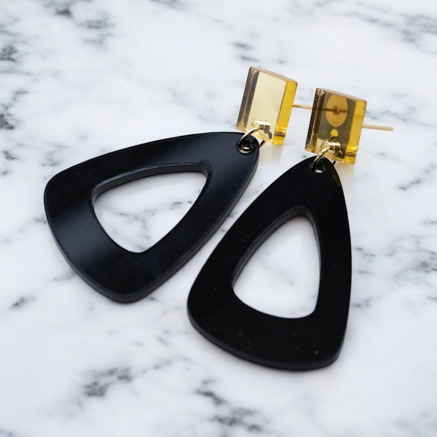 Black Geometric Acrylic Earrings with Gold Mirror Posts