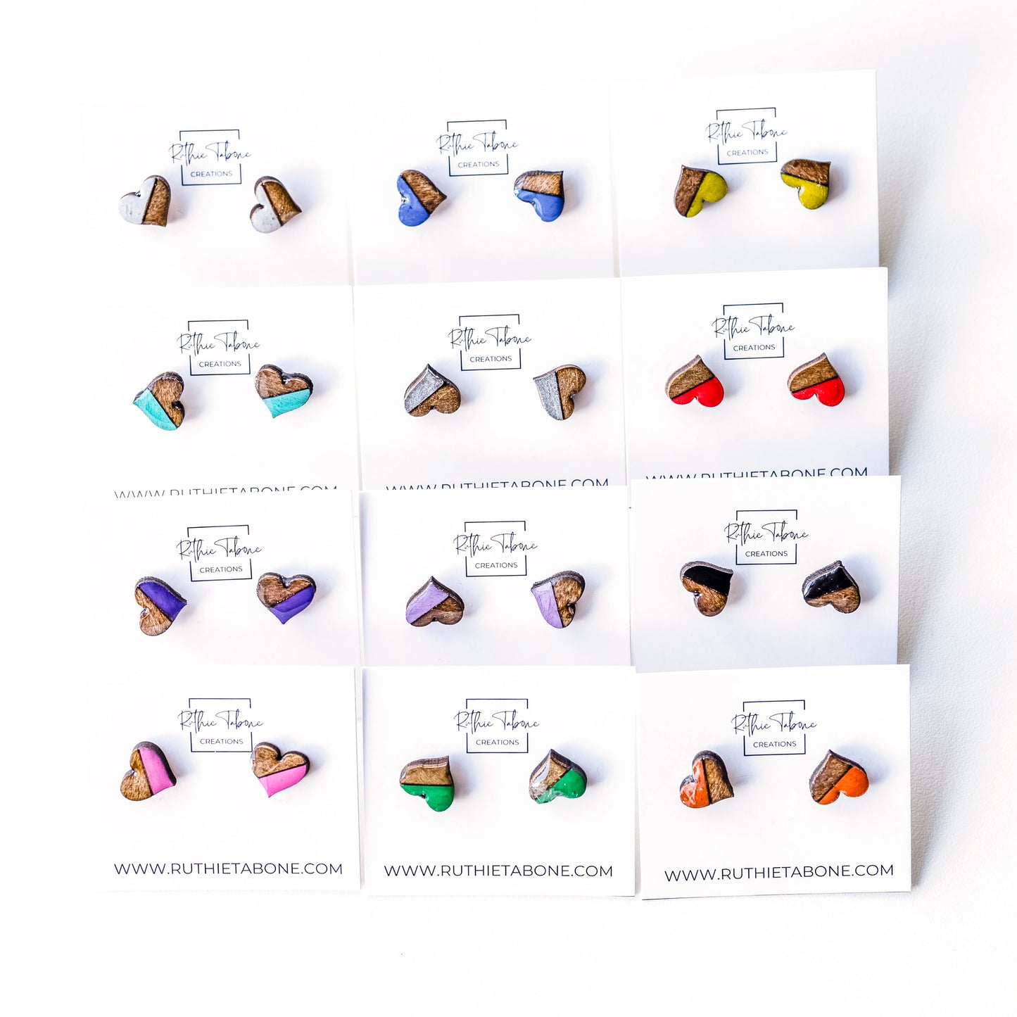 Wood and Resin Heart Stud Earrings