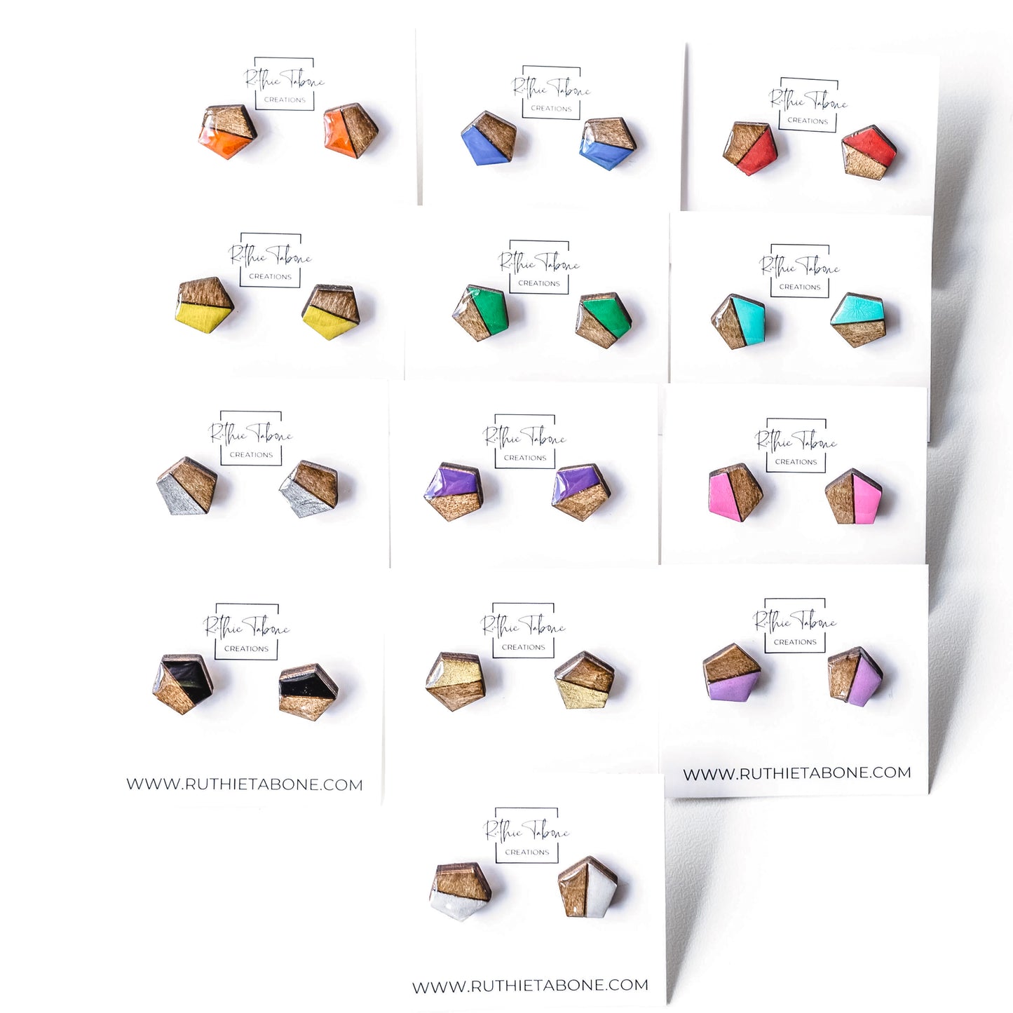 Wood and Resin Pentagon Stud Earrings