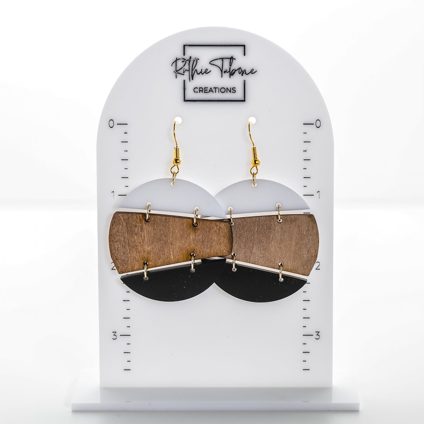 Modern Trio Drop Earrings – Wood, White & Black Acrylic