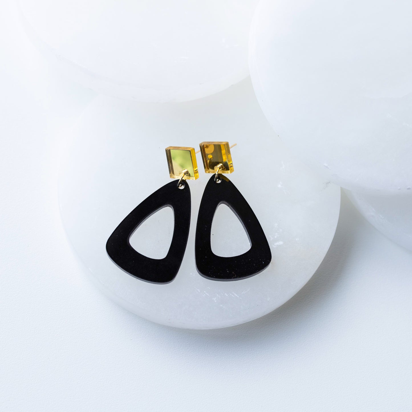 Black Geometric Acrylic Earrings with Gold Mirror Posts
