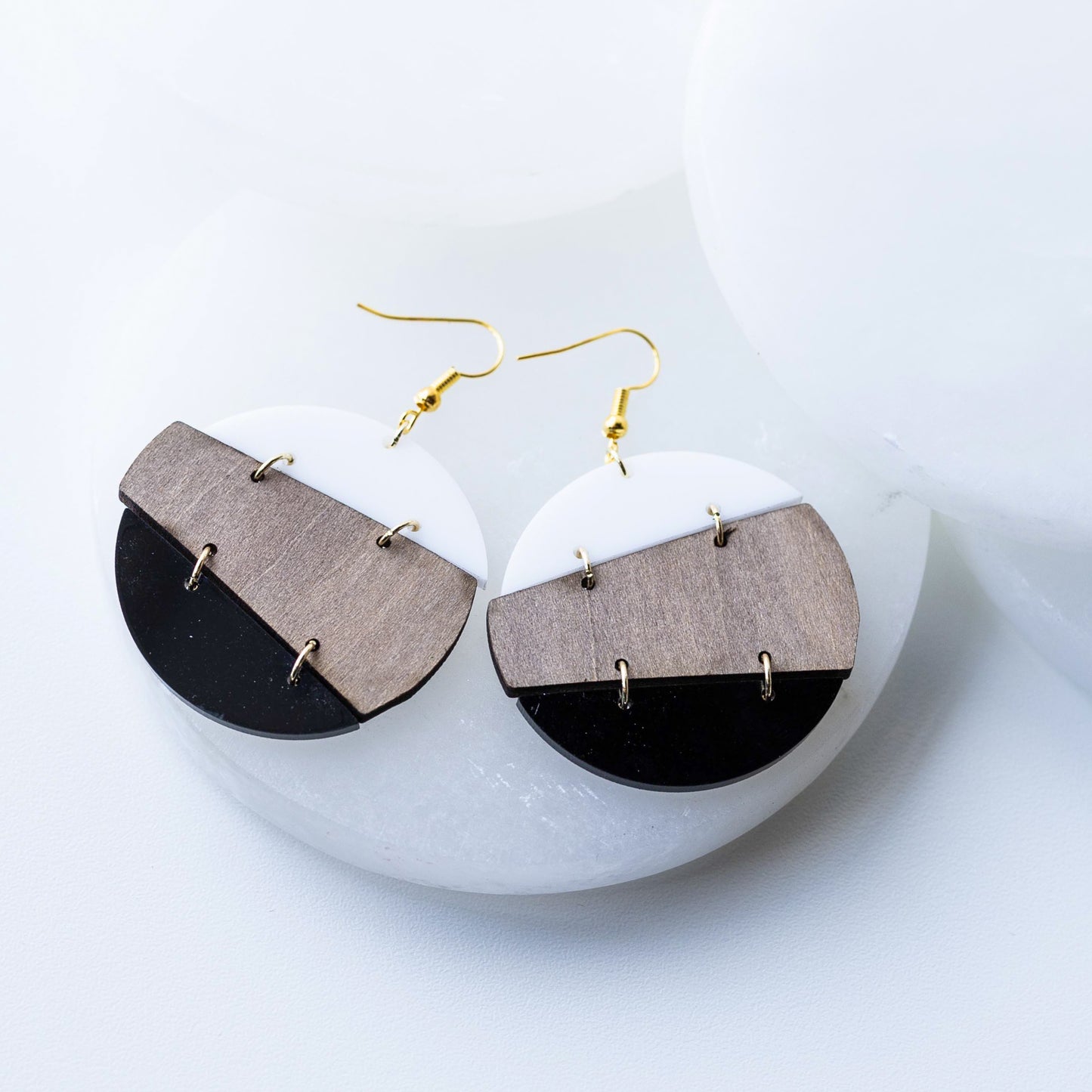 Modern Trio Drop Earrings – Wood, White & Black Acrylic