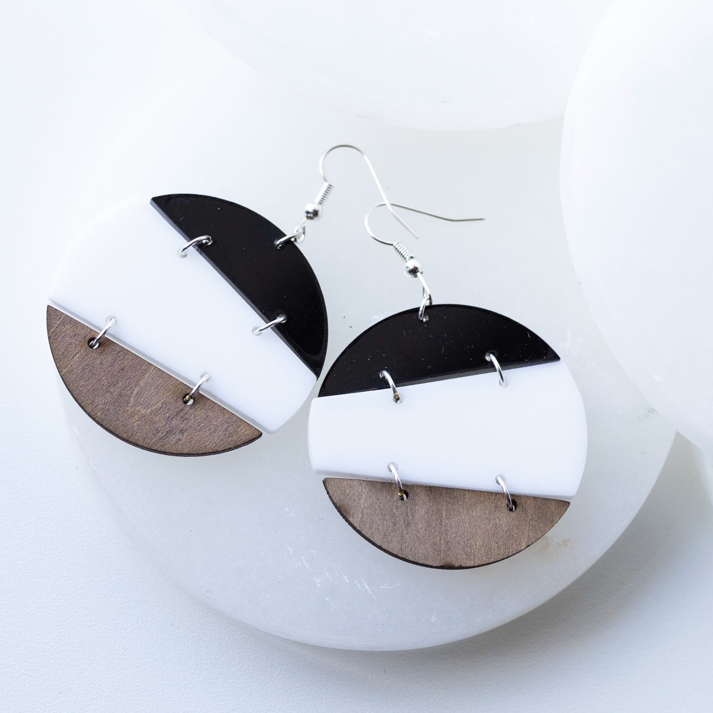 Modern Trio Drop Earrings – Wood, White & Black Acrylic