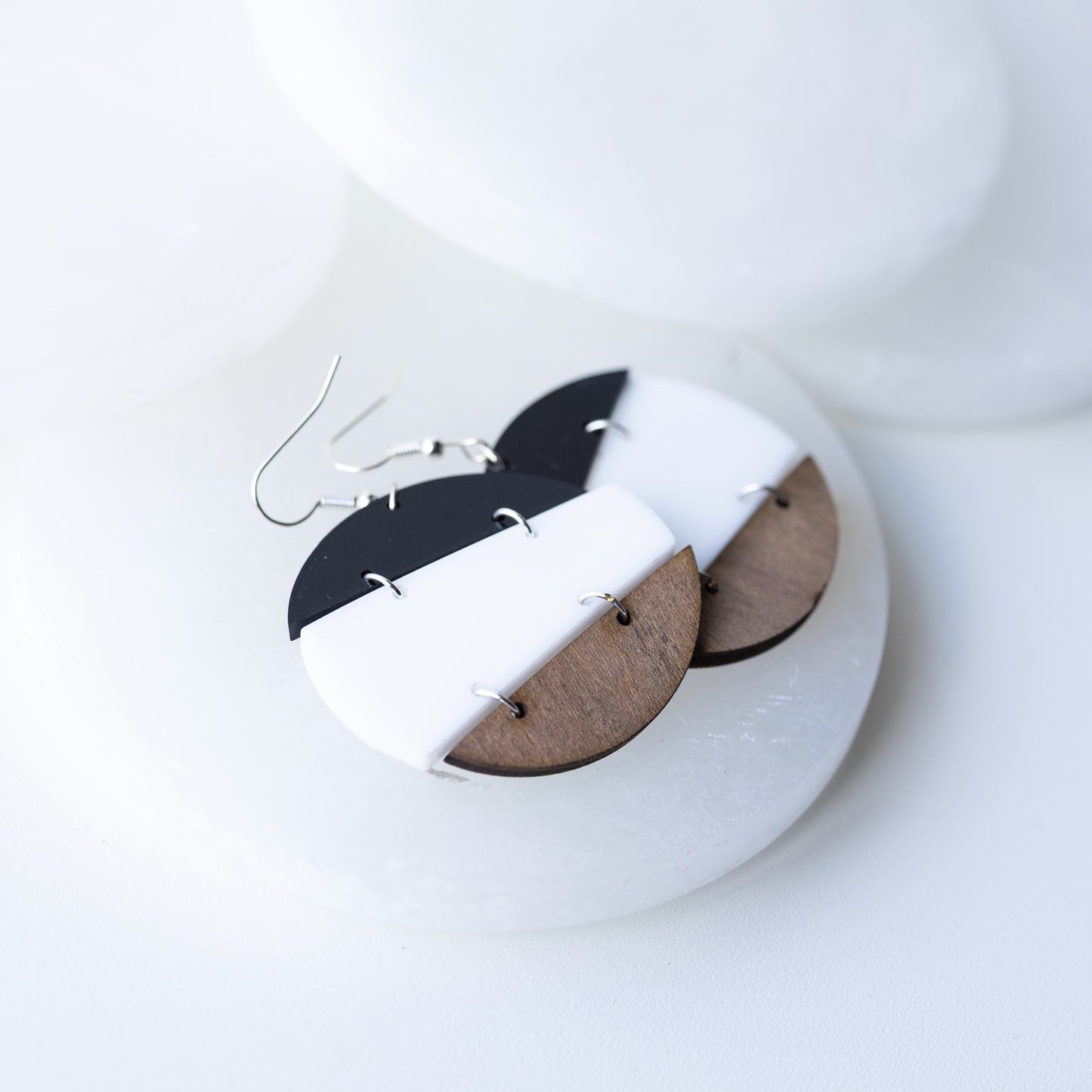 Modern Trio Drop Earrings – Wood, White & Black Acrylic