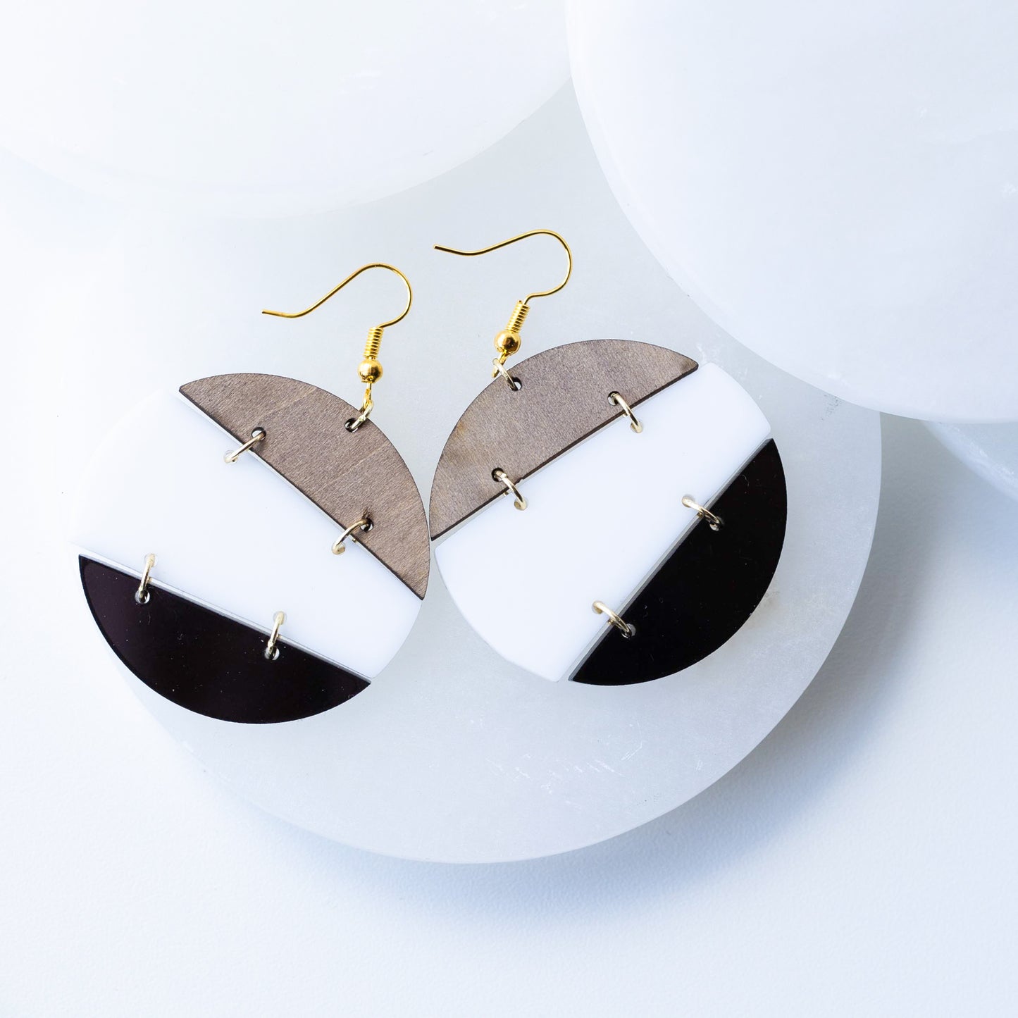Modern Trio Drop Earrings – Wood, White & Black Acrylic
