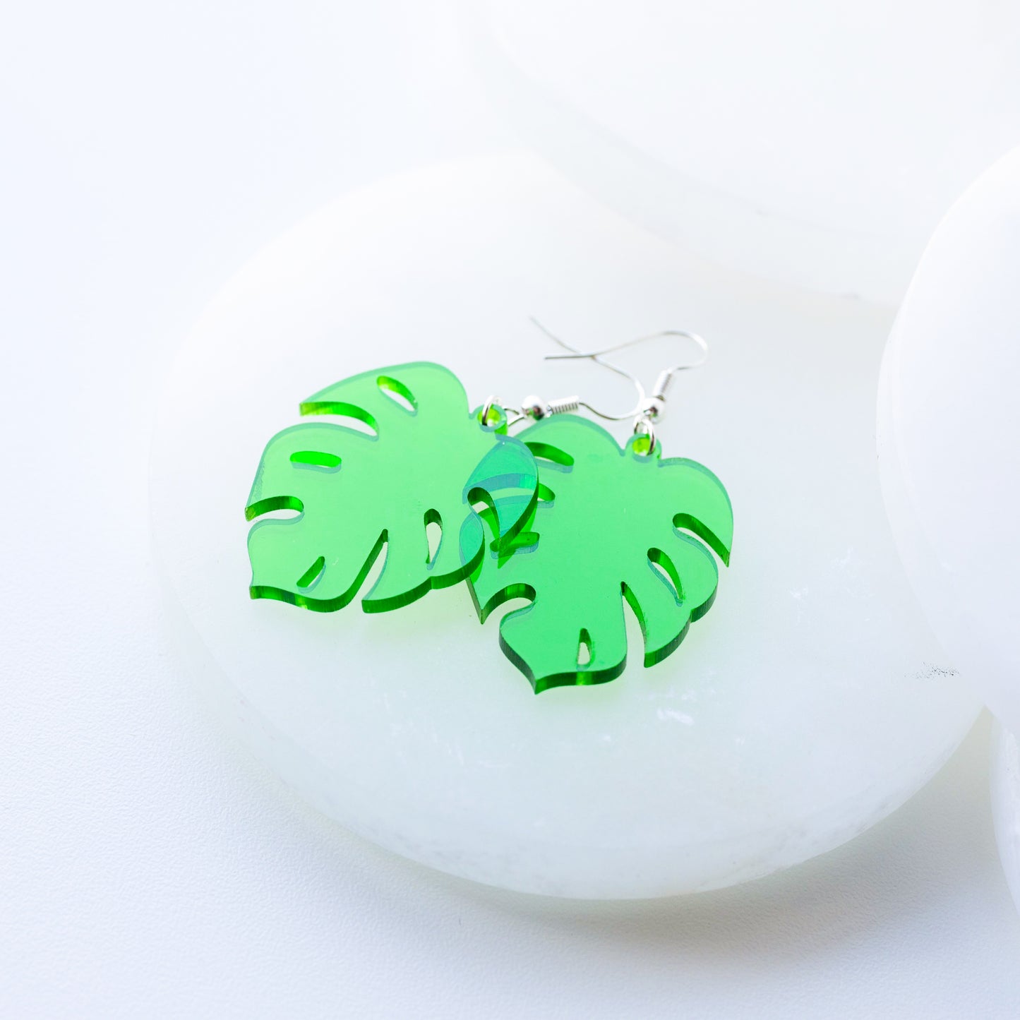 Translucent Green Monstera Leaf Earrings