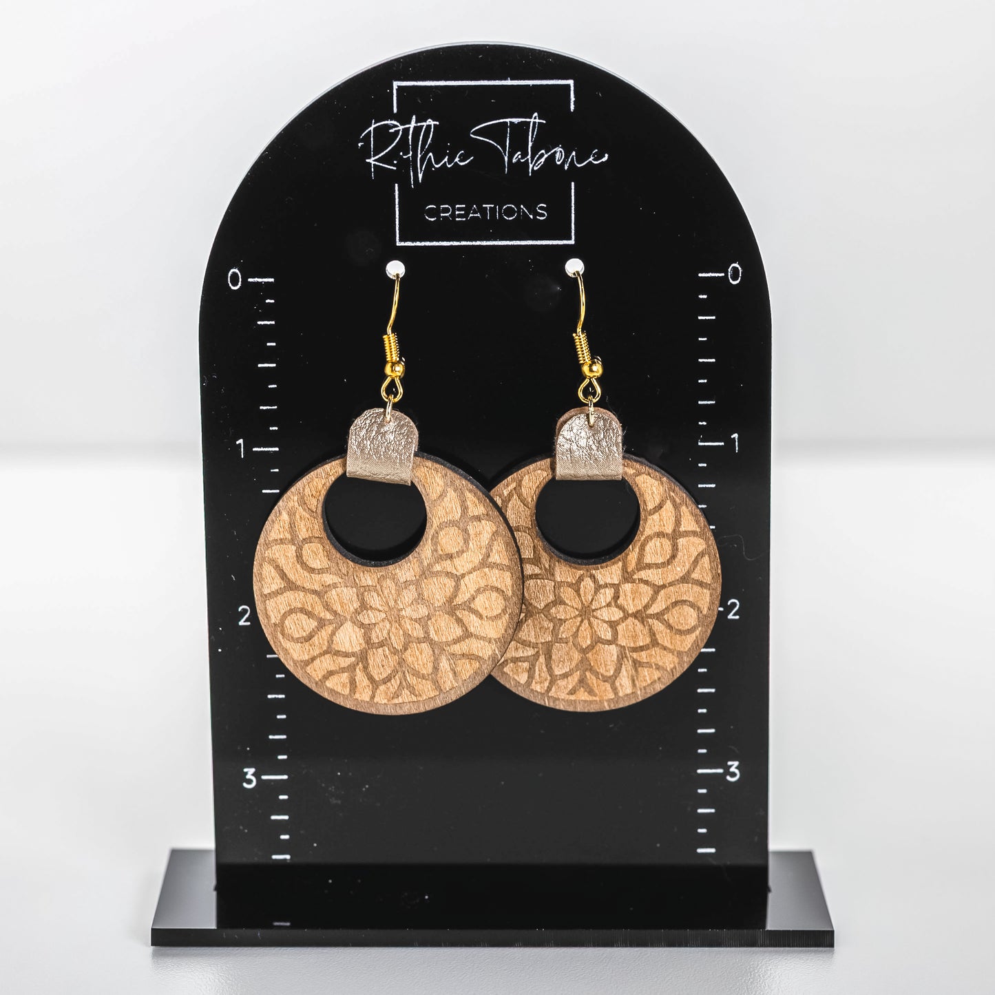 Floral Engraved Wood & Gold Faux Leather Dangle Earrings