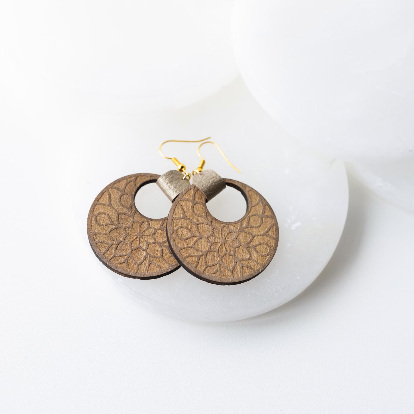 Floral Engraved Wood & Gold Faux Leather Dangle Earrings