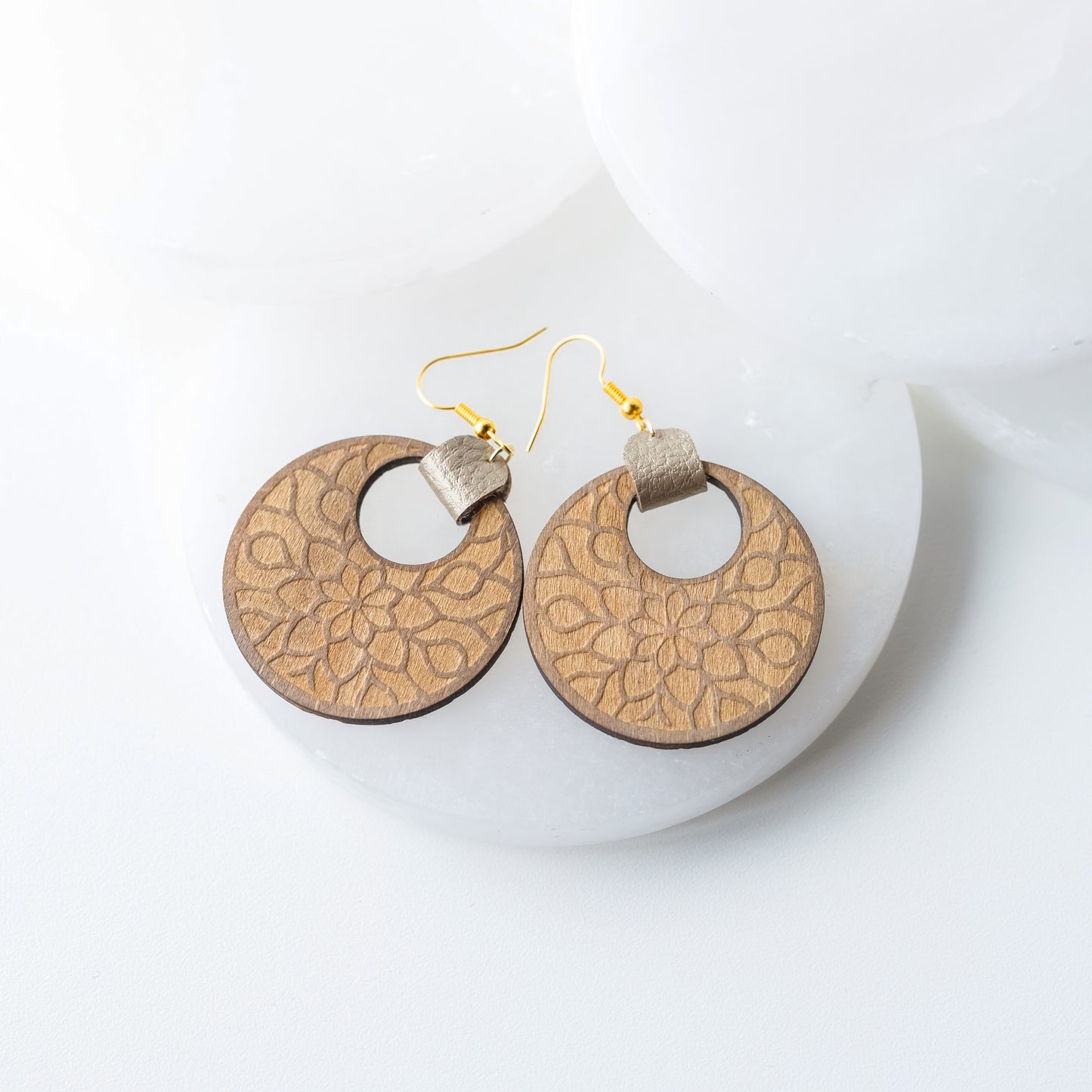 Floral Engraved Wood & Gold Faux Leather Dangle Earrings