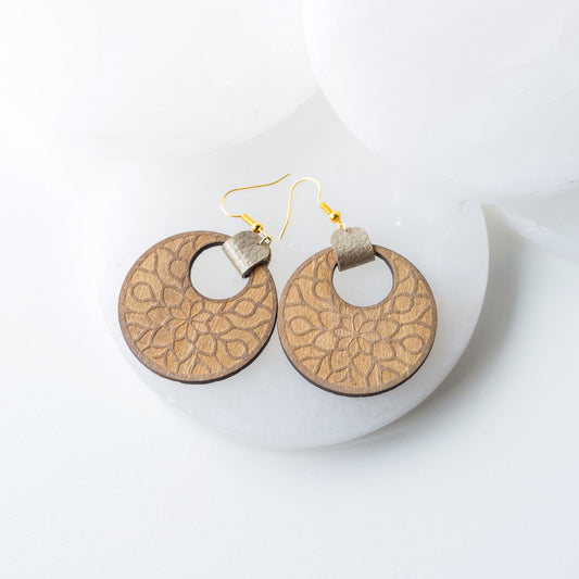 Floral Engraved Wood & Gold Faux Leather Dangle Earrings