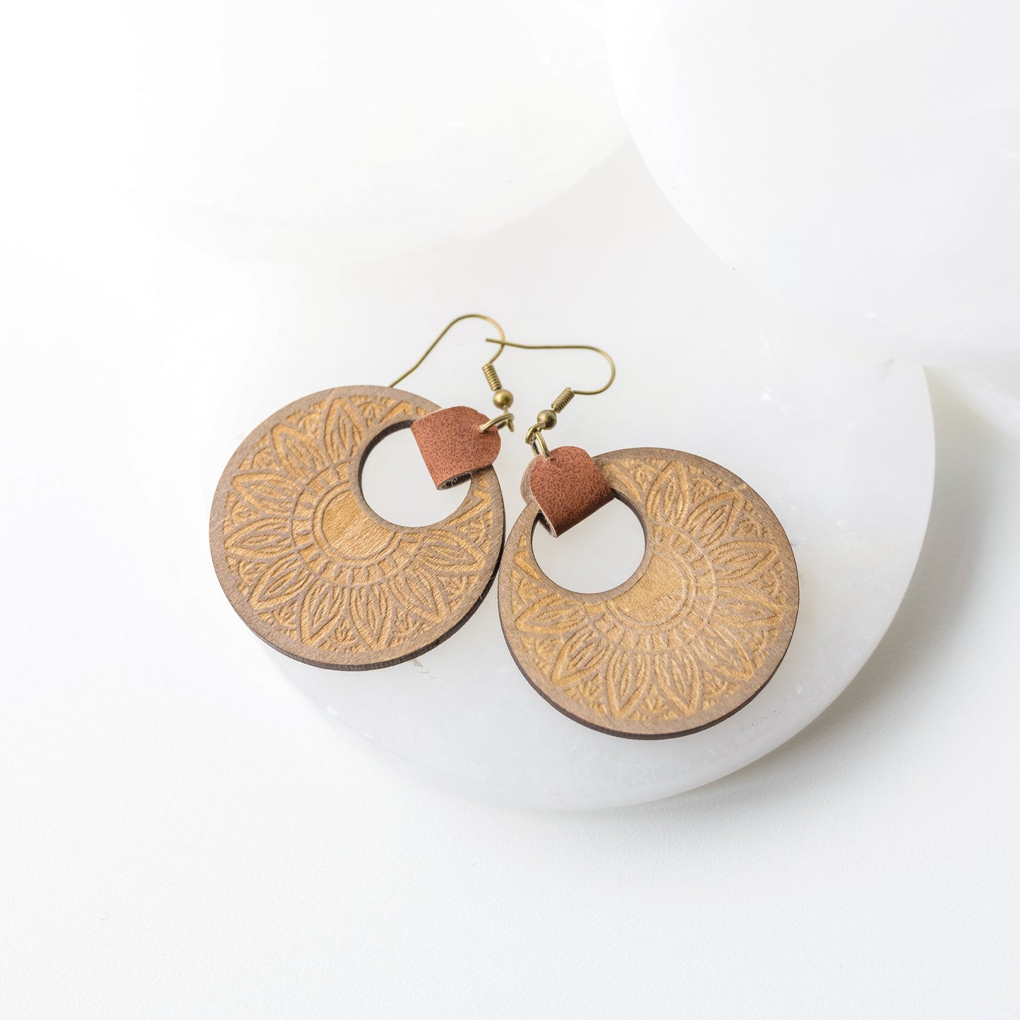 Sunflower Engraved Wood Earrings with Faux Leather Accent
