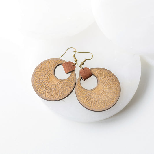 Sunflower Engraved Wood Earrings with Faux Leather Accent