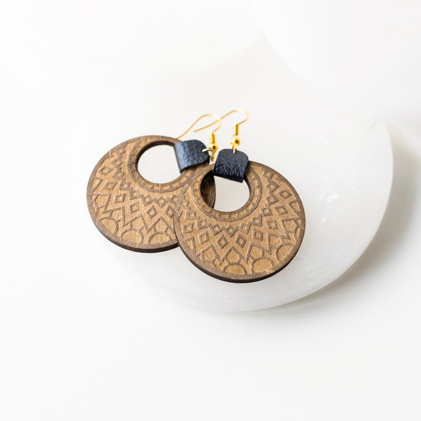 Geometric Engraved Wood Earrings with Black Faux Leather Accent