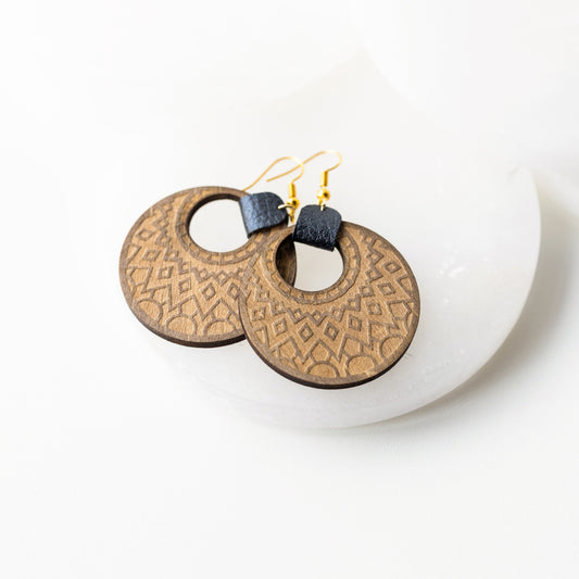 Geometric Engraved Wood Earrings with Black Faux Leather Accent