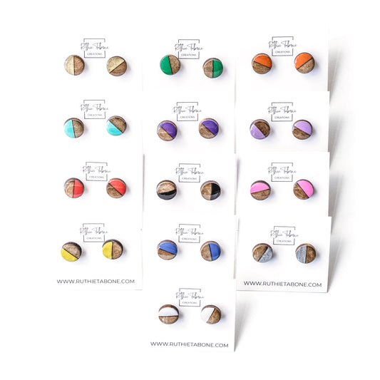 Wood and Resin Circle Stud Earrings