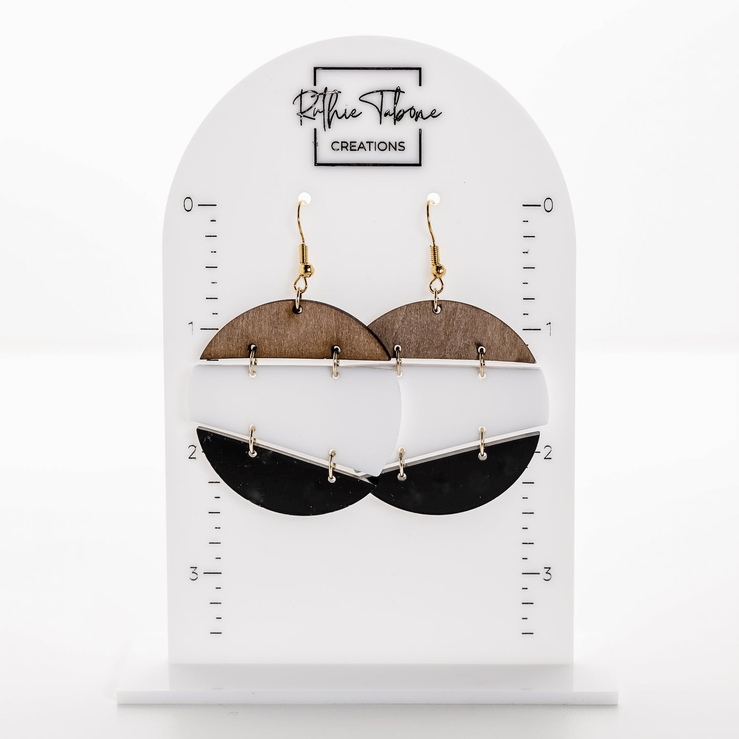 Modern Trio Drop Earrings – Wood, White & Black Acrylic