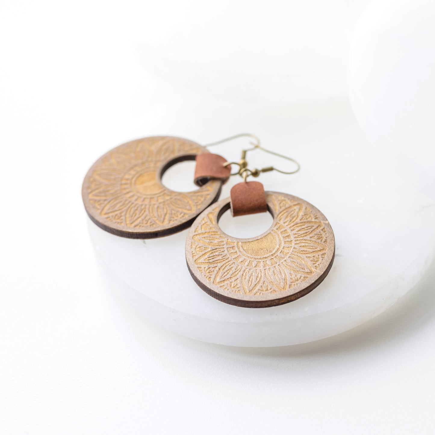 Sunflower Engraved Wood Earrings with Faux Leather Accent