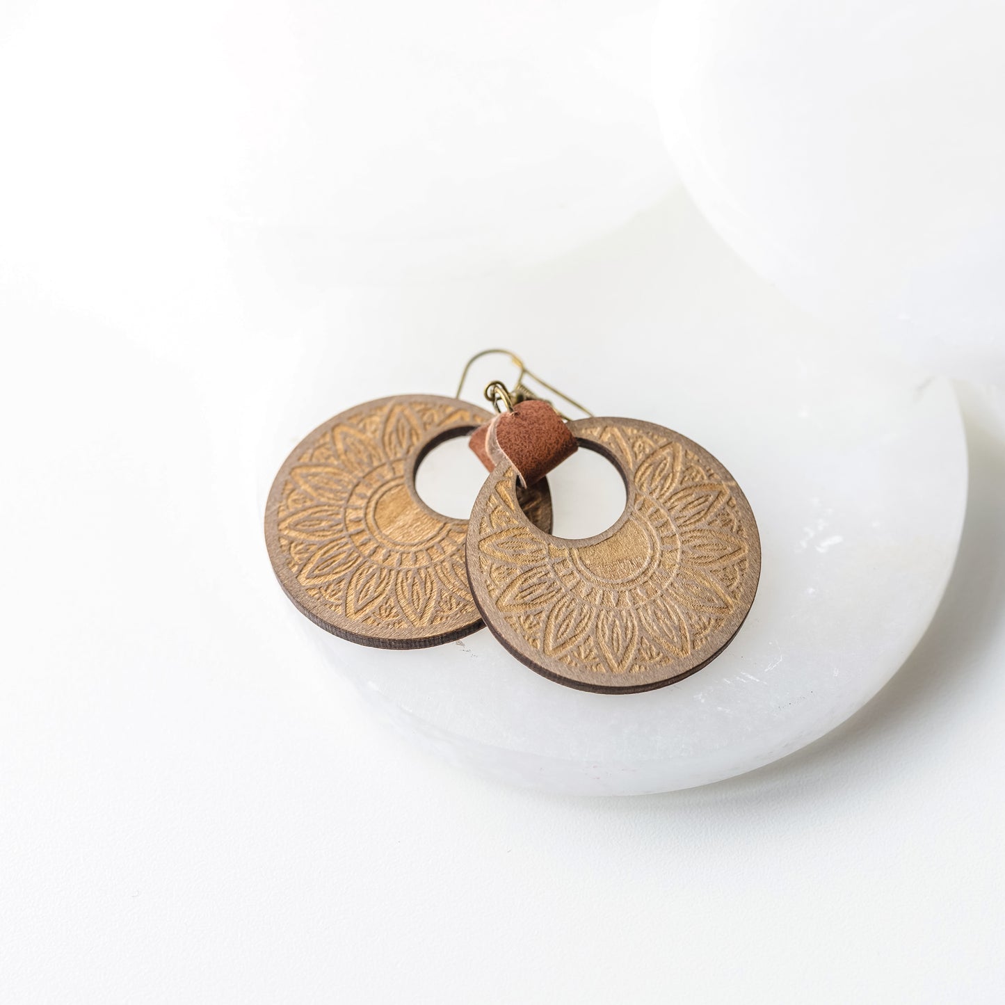 Sunflower Engraved Wood Earrings with Faux Leather Accent