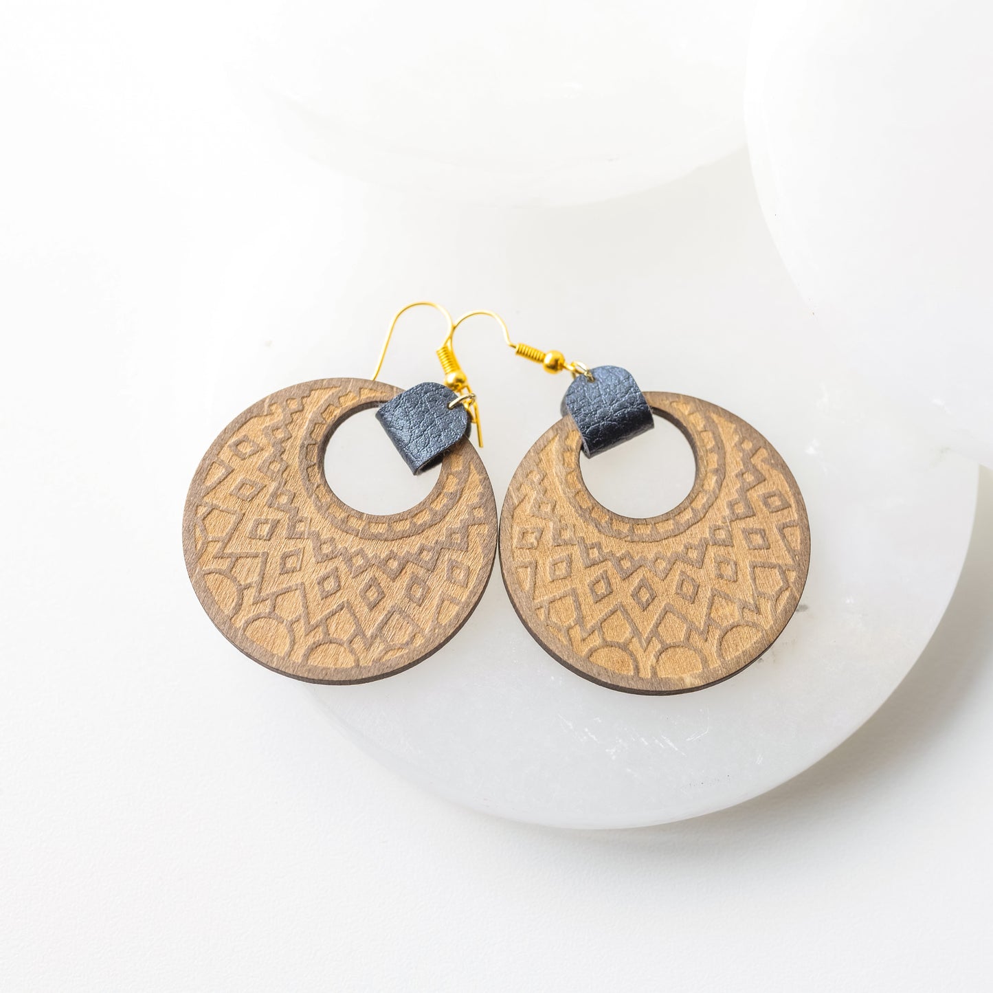 Geometric Engraved Wood Earrings with Black Faux Leather Accent