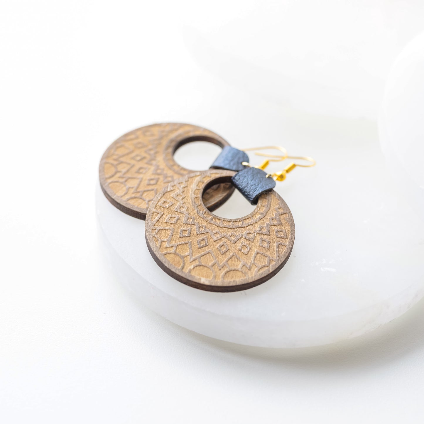 Geometric Engraved Wood Earrings with Black Faux Leather Accent