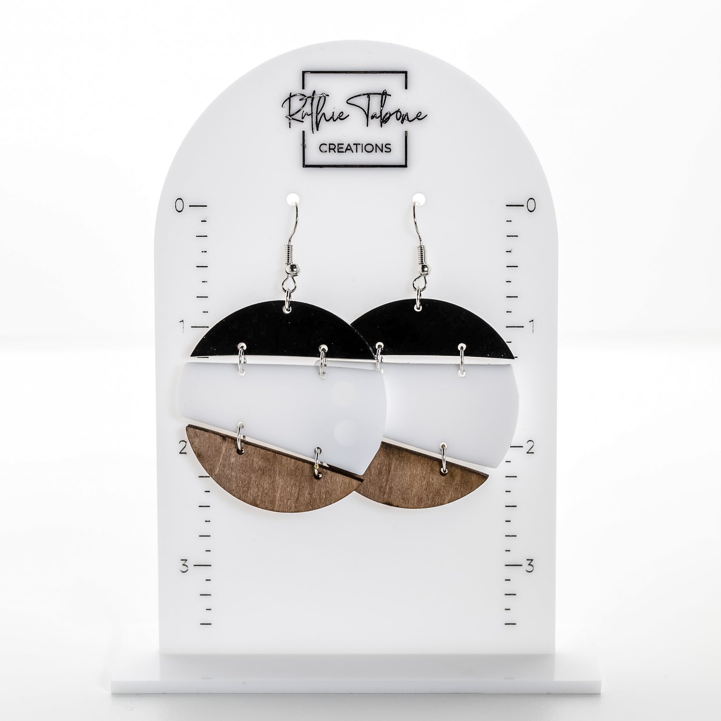 Modern Trio Drop Earrings – Wood, White & Black Acrylic