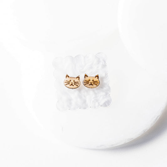 Wood Cat Stud Earrings