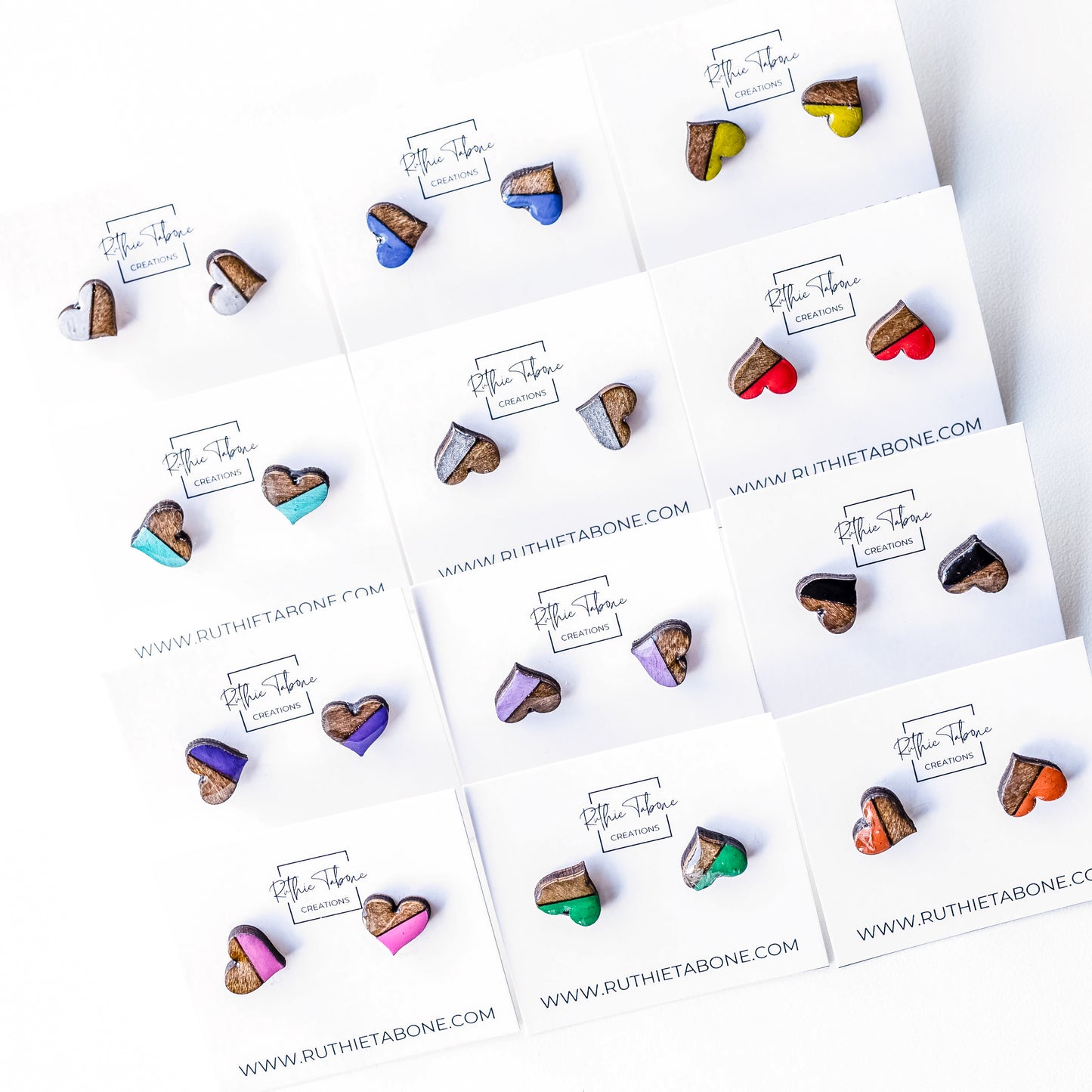 Wood and Resin Heart Stud Earrings