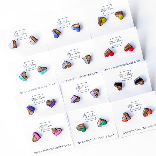 Wood and Resin Heart Stud Earrings