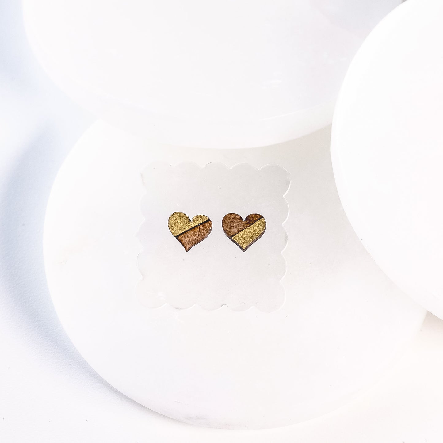 Wood and Resin Heart Stud Earrings