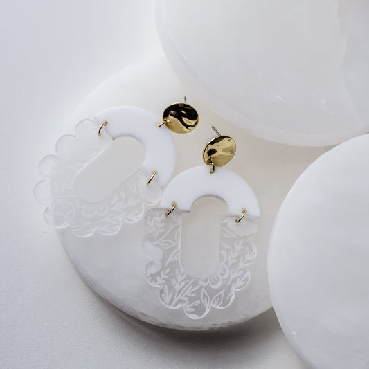 White & Floral Acrylic Arch Earrings