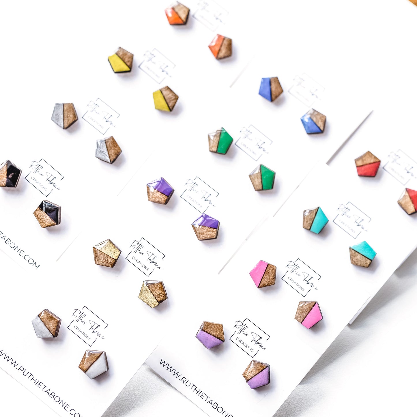 Wood and Resin Pentagon Stud Earrings