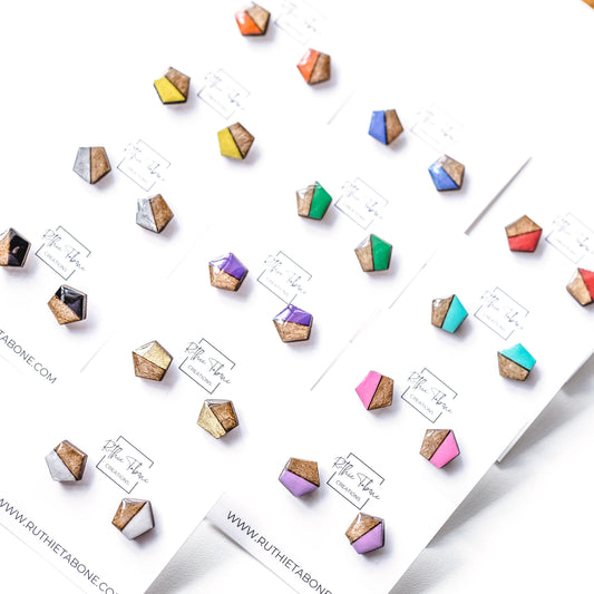 Wood and Resin Pentagon Stud Earrings