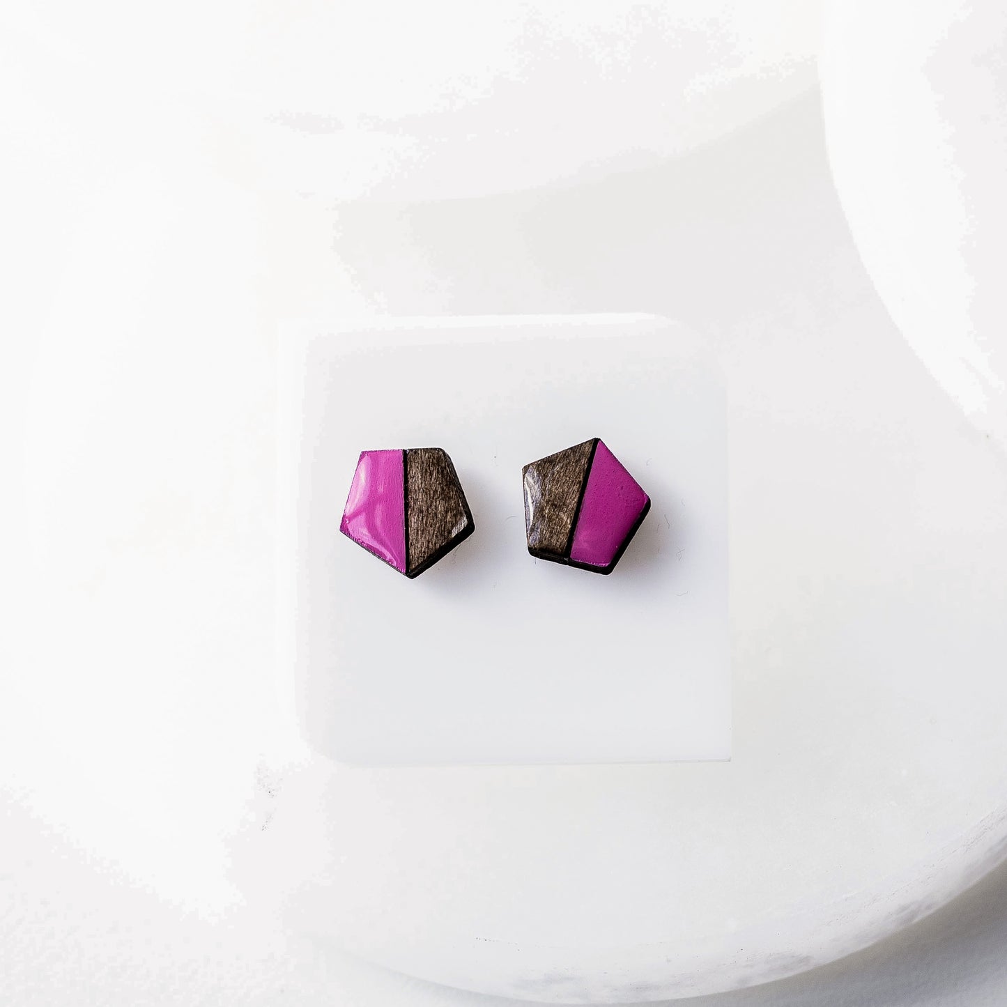 Wood and Resin Pentagon Stud Earrings